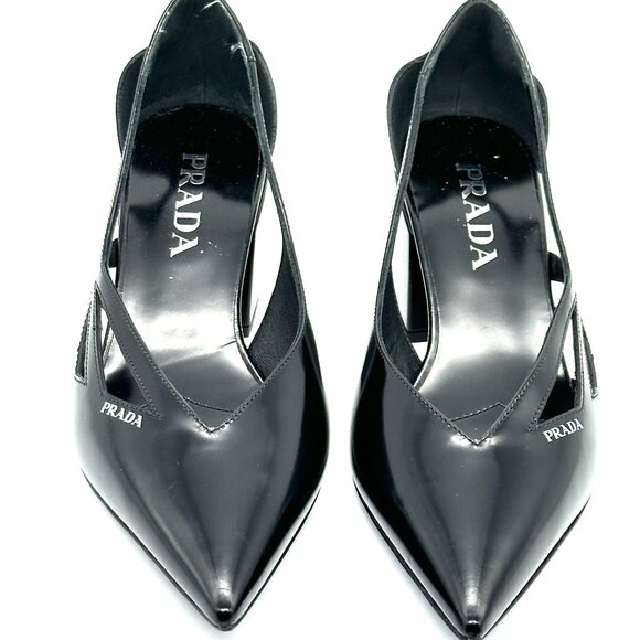 PRADA Runway Pointed Toe Cutout Cut Out Block Heel Brushed Leather Pumps - Picture 8 of 16